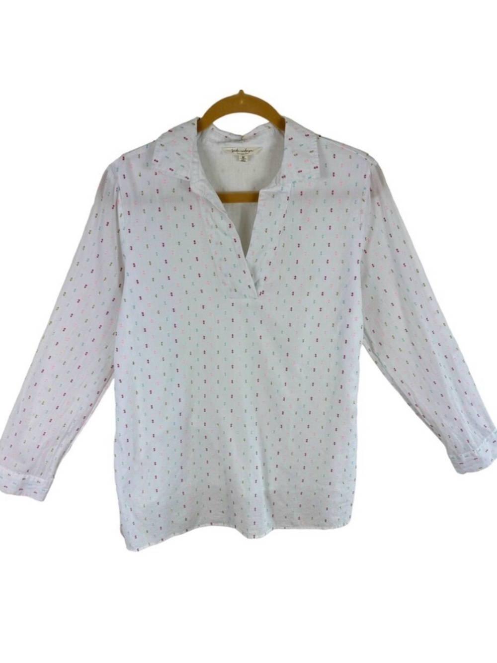 Linda Anderson White Cotton Embroidered Long Roll Tab Sleeve Collared Blouse M